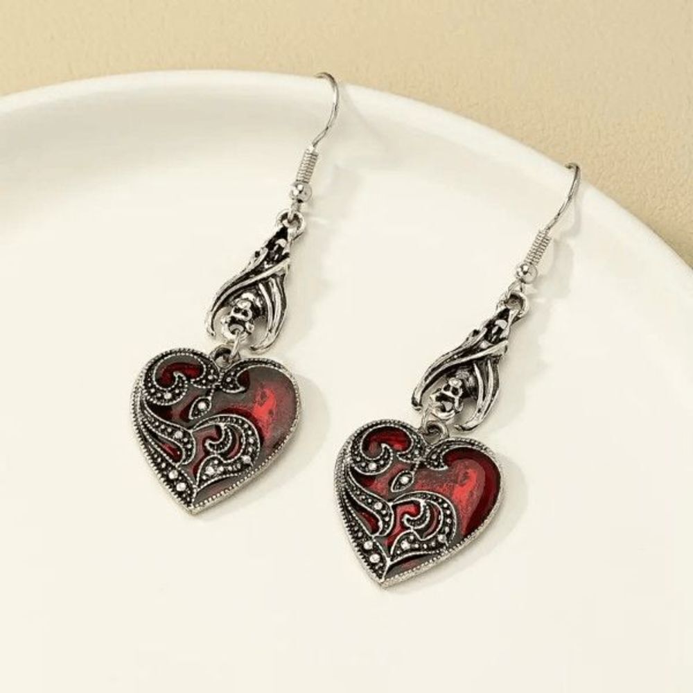 Bat Heart Design Silver Red Dangle Earrings